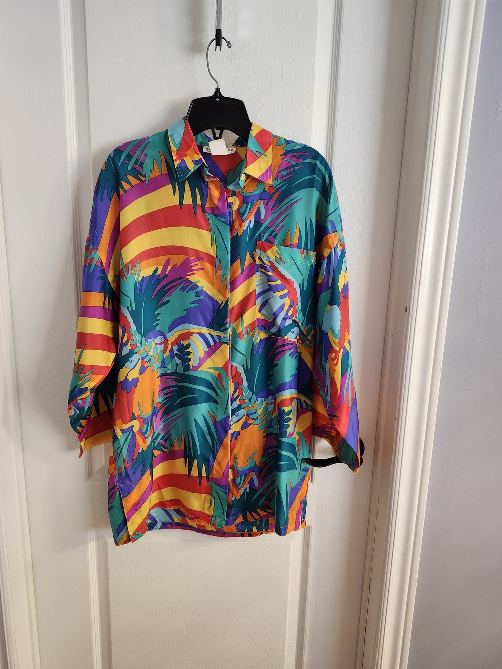 Vintage Vibrant Tropical Print Button-Up Shirt - Teal Multi